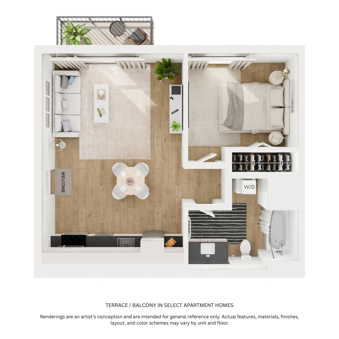 Floor plan for 1 bed, 1 bath, 531 sqft